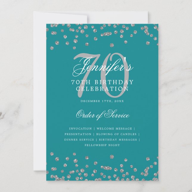 Elegant 70th Birthday Program Menu Silver Teal  (Front)