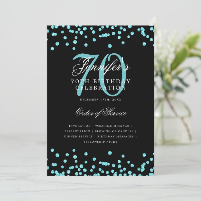 Elegant 70th Birthday Program Menu Teal Black  (Standing Front)