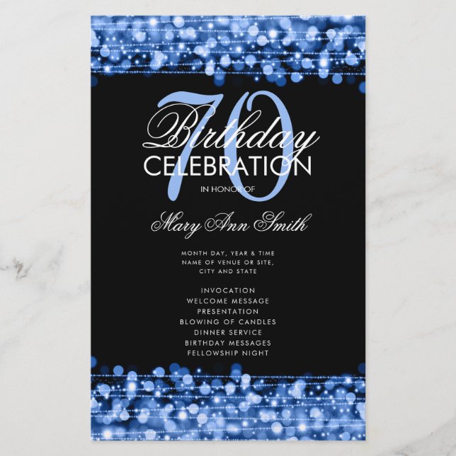 Elegant 70th Birthday Program Navy w/ Menu (Front)