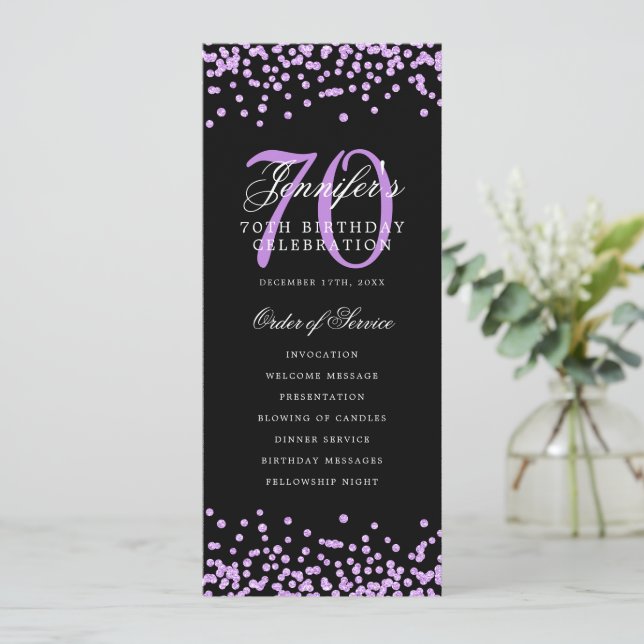 Elegant 70th Birthday Program Purple Confetti Blac (Standing Front)