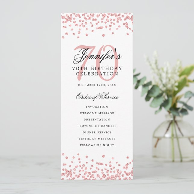 Elegant 70th Birthday Program Rose Gold Confetti (Standing Front)