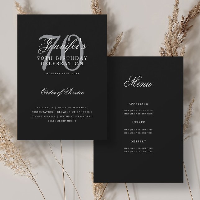 Elegant 70th Birthday Program Silver Black w/ Menu (Elegant 70th Birthday Program Silver Black w/ Menu)