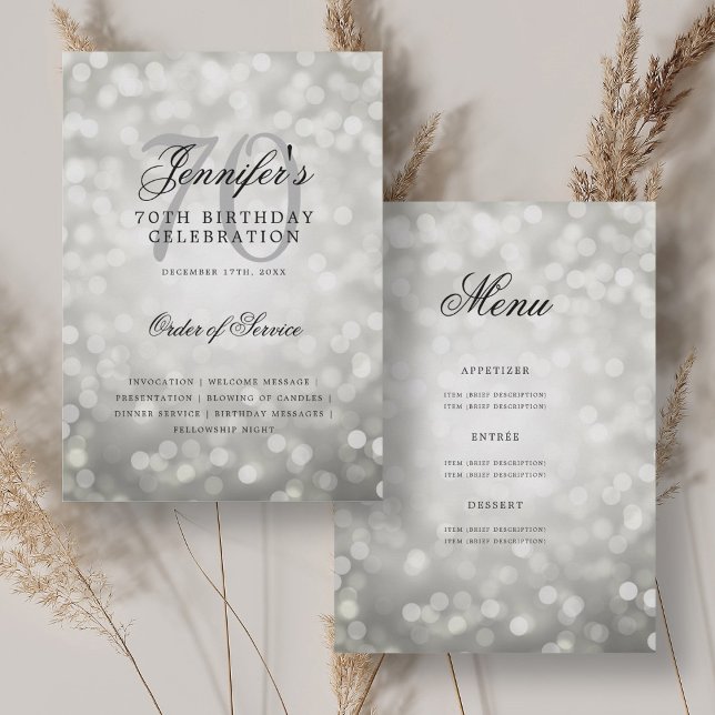 Elegant 70th Birthday Program Silver Bokeh Menu (Elegant 70th Birthday Program Silver Bokeh Menu)