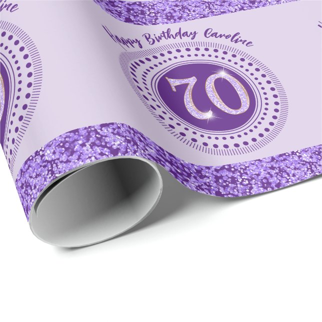Elegant 70th Birthday Purple Glitter with Stripes Wrapping Paper (Roll Corner)