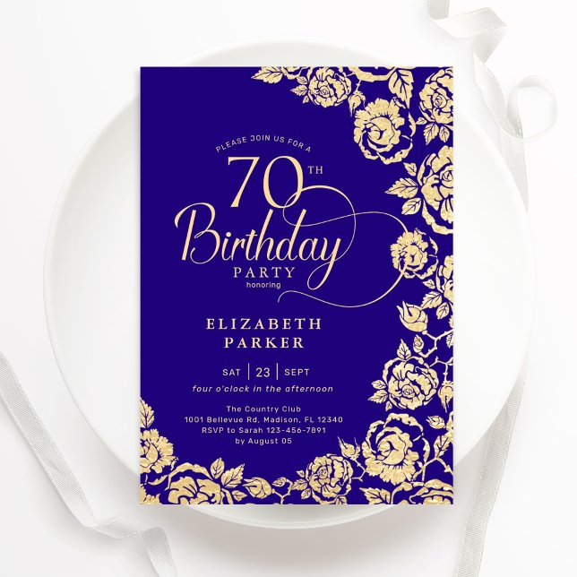 Elegant 70th Birthday Purple Gold Roses Invitation (Creator Uploaded)