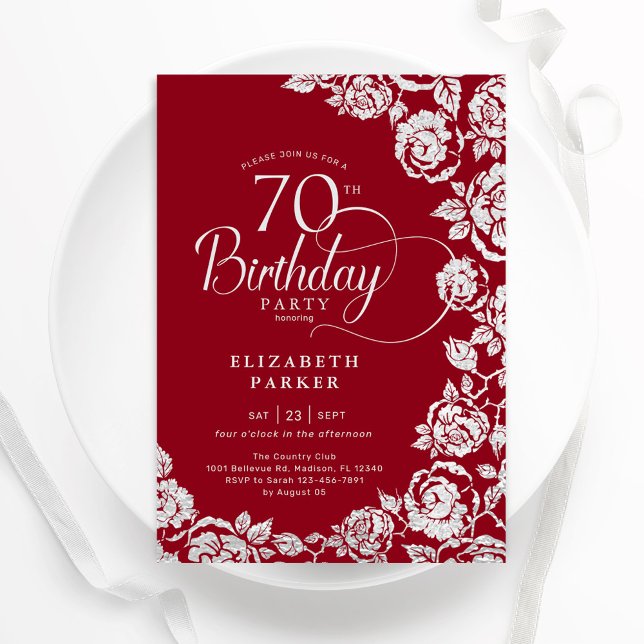 Elegant 70th Birthday Red Silver Roses Invitation (Creator Uploaded)