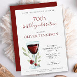 Elegant 70th Birthday Red Wine Surprise Party Invitation<br><div class="desc">Elegant 70th Birthday Red Wine Surprise Birthday Party Invitation. 70th birthday party invitation for her or him. Invitation with a red wine glass, roses and twigs on a white background. The text is fully customisable - personalise it with your name, any age - 30th 40th 50th 60th 80th 90th 100th,...</div>