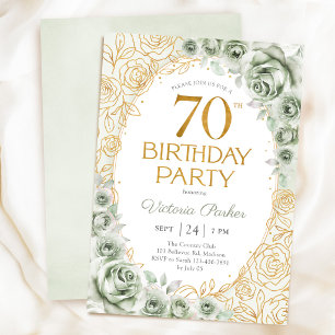 Elegant 70th Birthday Sage Green Gold Floral Invitation