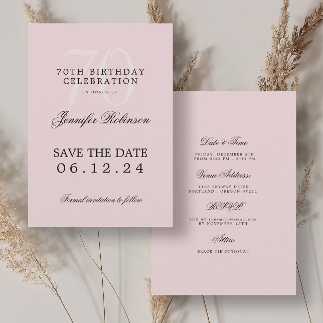 Elegant 70th Birthday Save the Date Details Blush Invitation (Elegant 70th Birthday Save the Date Details Blush Invitation)