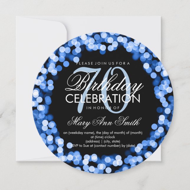 Elegant 70th Birthday Sparkling Lights Blue Invitation (Front)