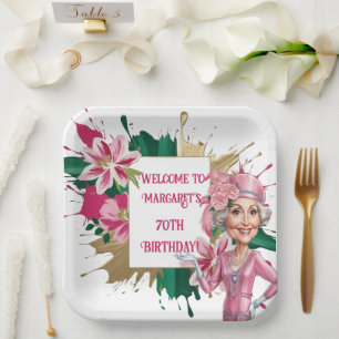 Elegant 70th Birthday with Custom Lady Caricature Paper Plate