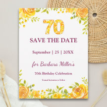 Elegant 70th Birthday Yellow Roses Save the Date
