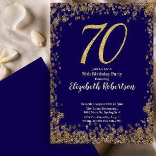 Elegant 70th Blue Birthday Invitation Gold Sequin