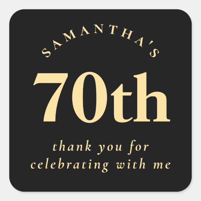 Elegant 70th Party Black and Gold Thank You   Square Sticker (Front)