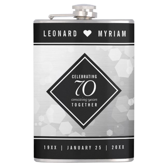 Elegant 70th Platinum Wedding Anniversary Hip Flask (Front)