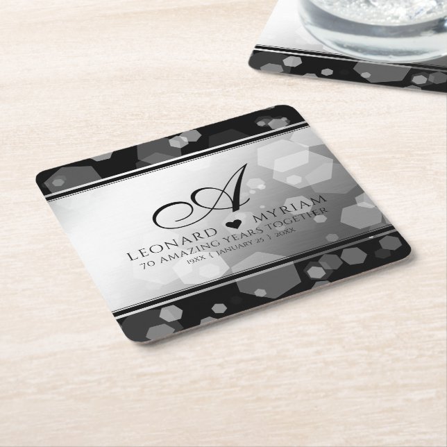 Elegant 70th Platinum Wedding Anniversary Square Paper Coaster (Angled)