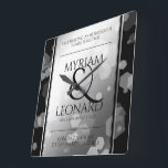 Elegant 70th Platinum Wedding Anniversary Square Wall Clock<br><div class="desc">Celebrate the 70th wedding anniversary with this commemorative clock! Elegant black serif lettering with hexagonal confetti on a platinum foil background edged by black bars add a memorable touch for this special occasion and extraordinary milestone. Customise with the happy couple's names, and add dates for their platinum anniversary. Personalised messages...</div>