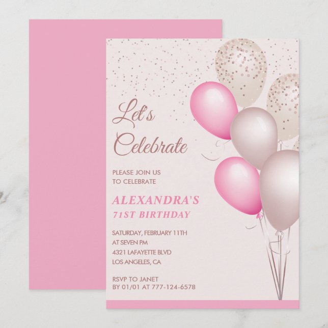 Elegant 71st birthday invitations Pink Balloons (Front/Back)