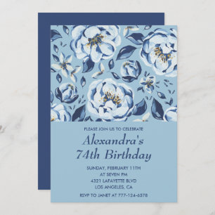 Elegant 74th birthday invitations Floral Blue