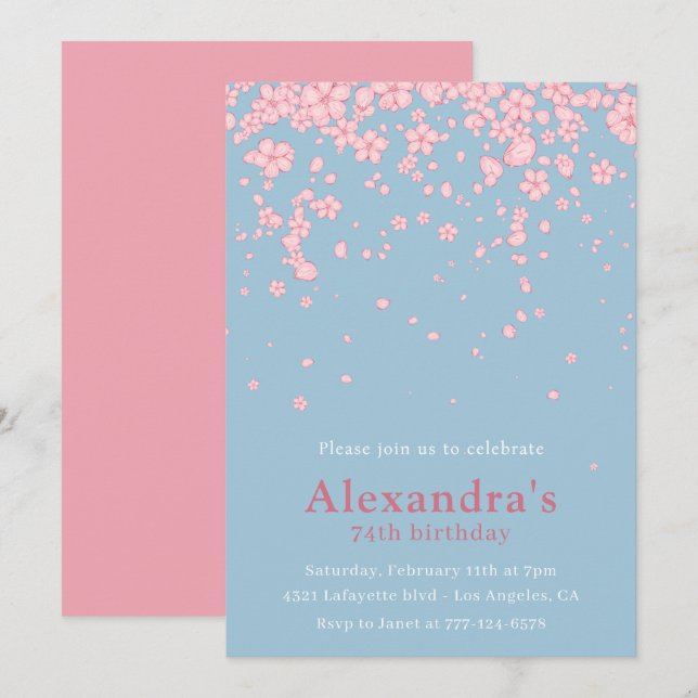 Elegant 74th birthday invitations Floral Pink Blue (Front/Back)