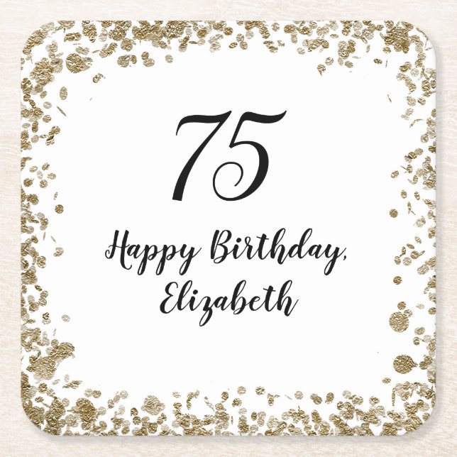 Elegant 75th Birthday Gold Sequin Birthday Party Square Paper Coaster (Front)