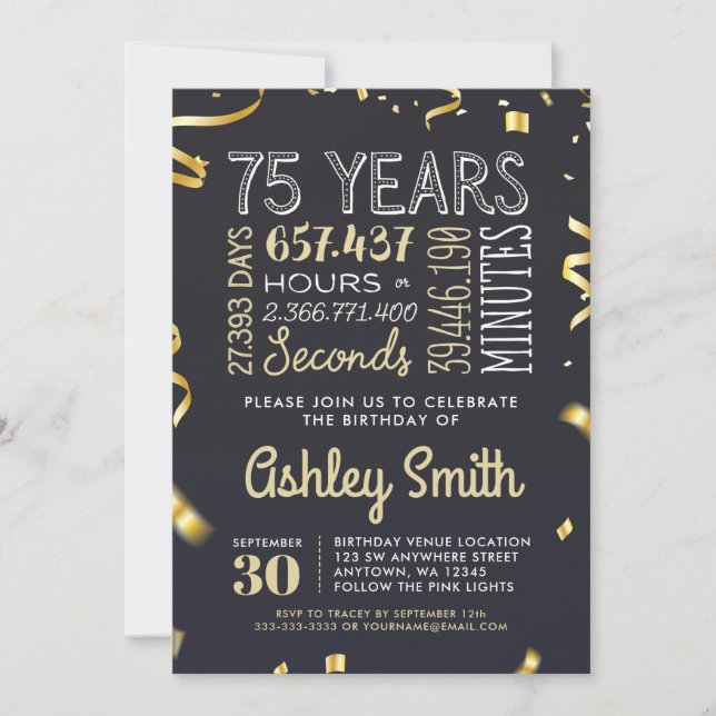 Elegant 75th Birthday Invitation Gold Glitter (Front)