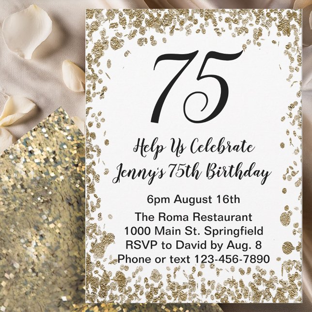 Elegant 75th Birthday Invitation in black and gold (Creator Uploaded)