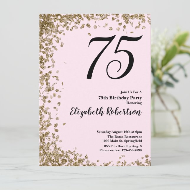 Elegant 75th Birthday Invitation Pink Gold Sequins (Standing Front)
