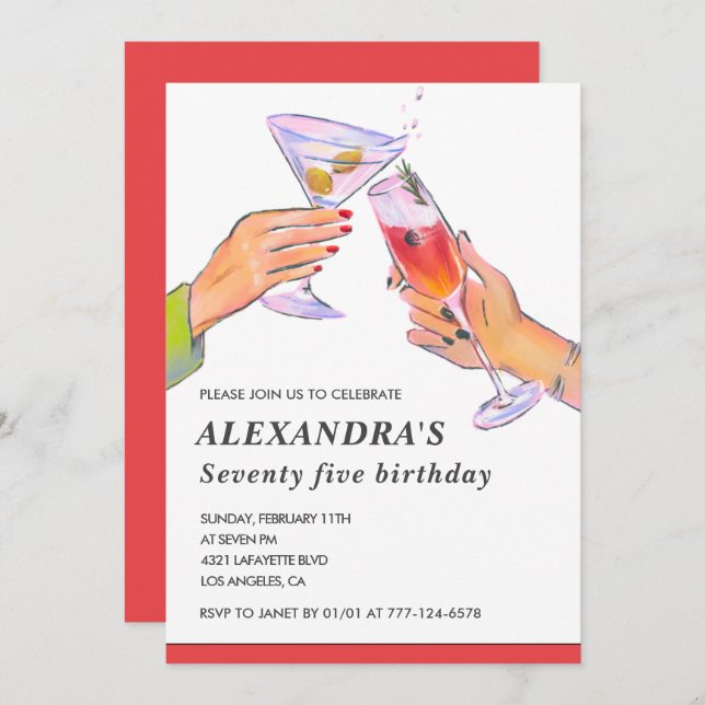 Elegant 75th birthday invitations Cocktail Party (Front/Back)