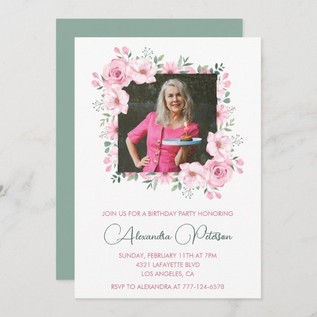 Elegant 75th birthday invitations Photo Boho (Front/Back)