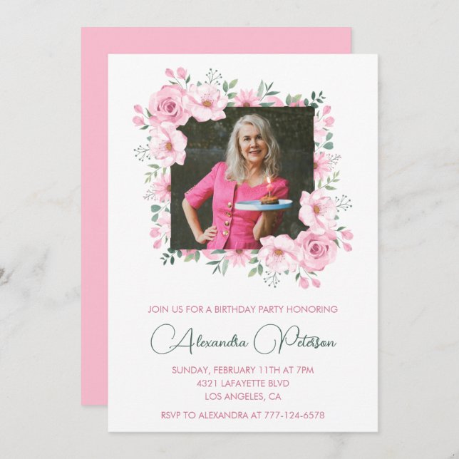 Elegant 75th birthday invitations Photo Boho  (Front/Back)