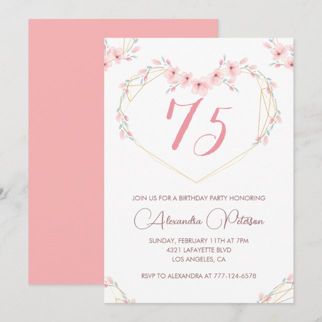 Elegant 75th birthday invitations Pink Floral  (Front/Back)