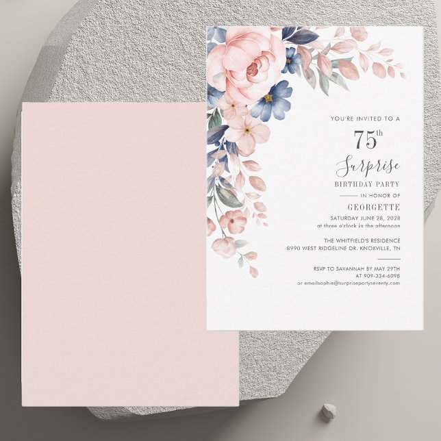 Elegant 75th Birthday Party Pink Floral Invitation (Elegant 75th Birthday Party Pink Floral Invitation)