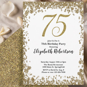 Elegant 75th Birthday White and Gold Sequin Invitation