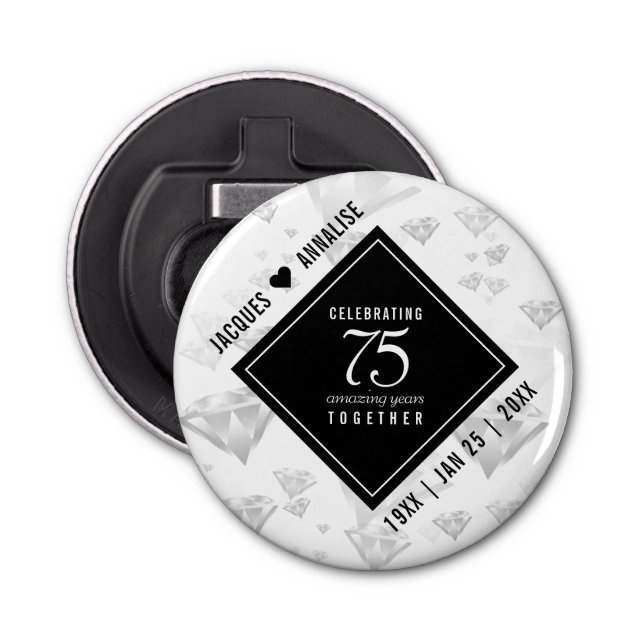 Elegant 75th Diamond Wedding Anniversary Bottle Opener (Front)