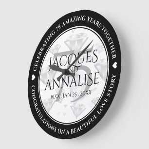 Elegant 75th Diamond Wedding Anniversary Large Clock