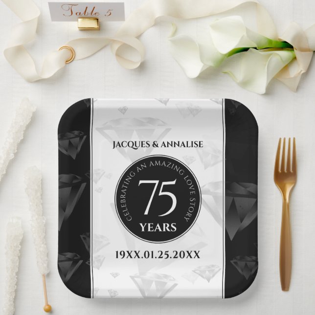 Elegant 75th Diamond Wedding Anniversary Paper Plate (Wedding)