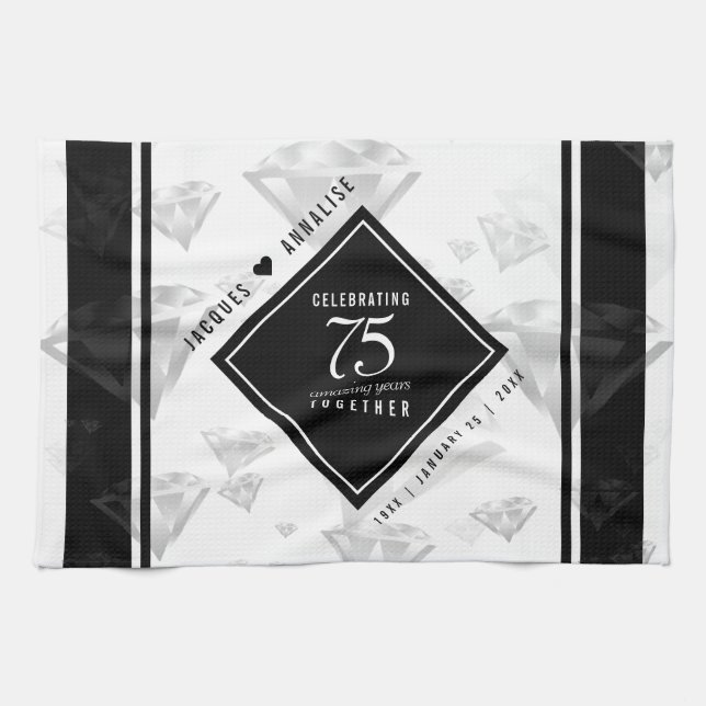 Elegant 75th Diamond Wedding Anniversary Tea Towel (Horizontal)
