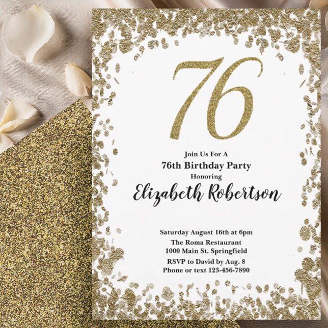 Elegant 76th Birthday Invitation With Gold Sequins (Creator Uploaded)