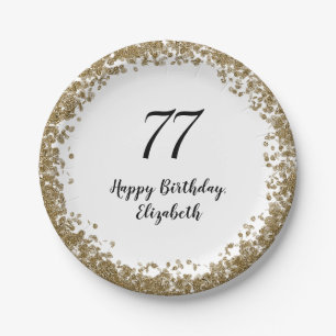 Elegant 77th Birthday Plates With Gold Sequins