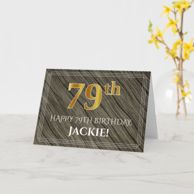 Elegant 79th Birthday: Faux Wood, Faux Gold Look Card (Yellow Flower)