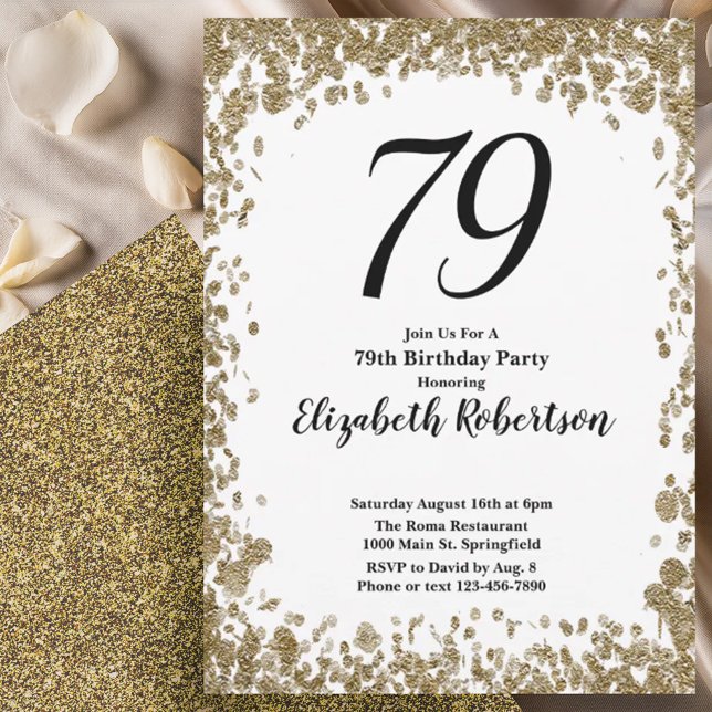 Elegant 79th Birthday Invitation With Gold Sequins (Creator Uploaded)