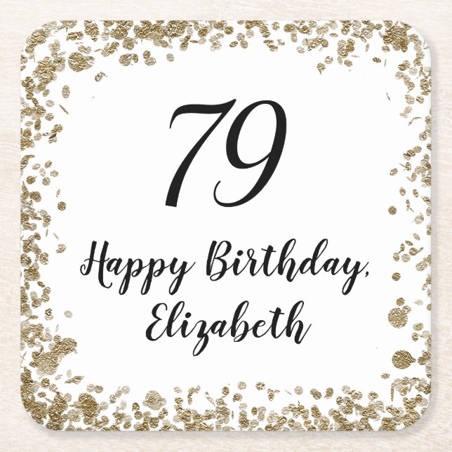 Elegant 79th Birthday Napkins With Gold Sequins Square Paper Coaster (Front)