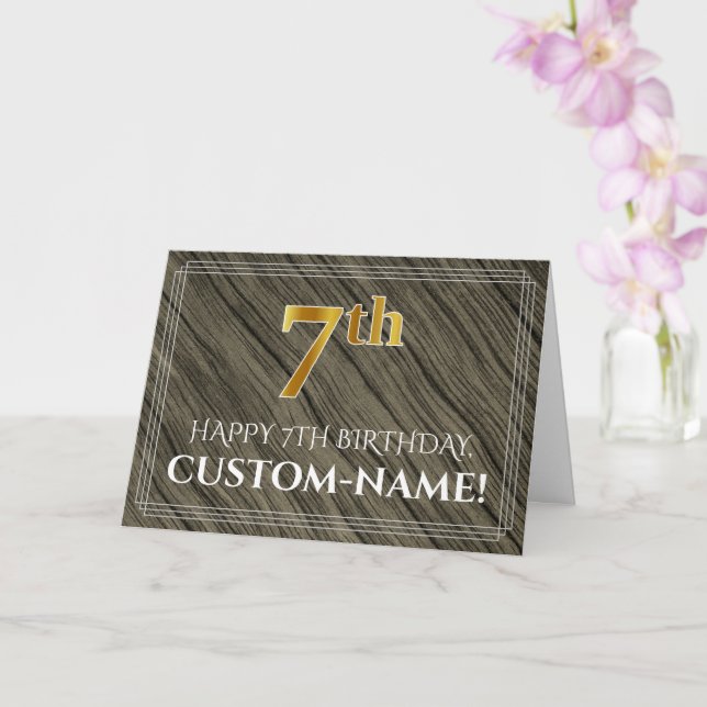 Elegant 7th Birthday: Faux Wood, Faux Gold Look Card (Orchid)