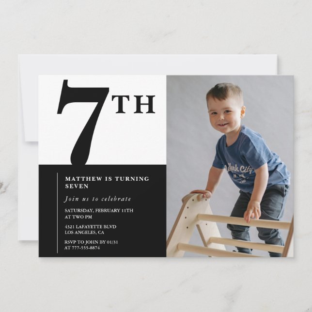 Elegant 7th birthday invitation Black Chic Modern  (Front)