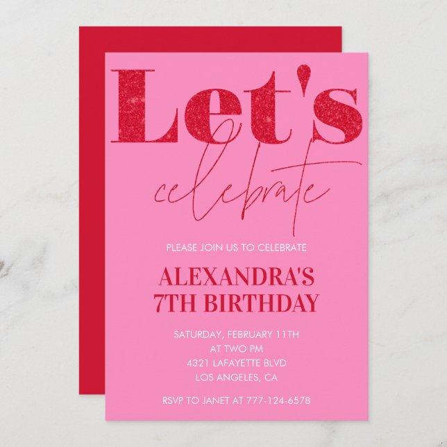 Elegant 7th birthday invitation Pink Glitter Glam (Front/Back)