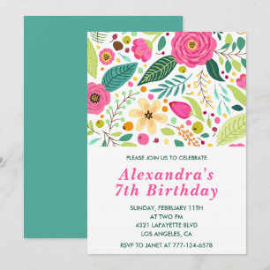 Elegant 7th birthday invitations Floral Colourful 