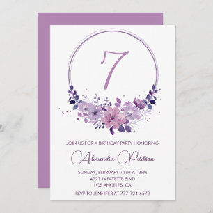Elegant 7th birthday invitations Floral Purple