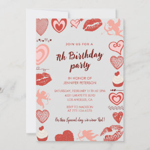 Elegant 7th birthday invitations Grey Red Hearts