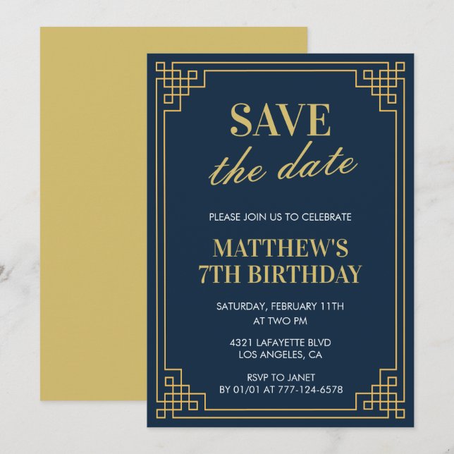 Elegant 7th birthday invitations Men Save the date (Front/Back)